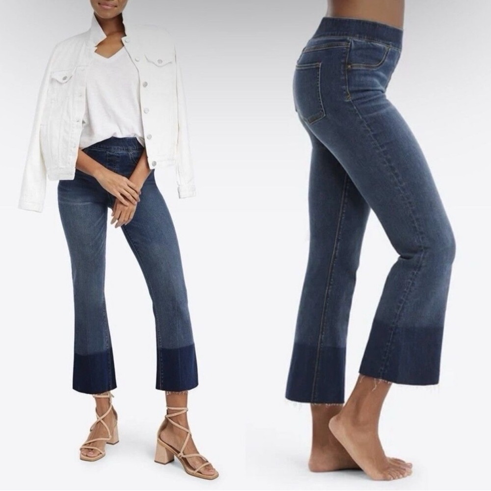 SPANX Cropped Flare Denim Jeans Raw Hem High Riss Pull On Slimming 2 Toned Blue